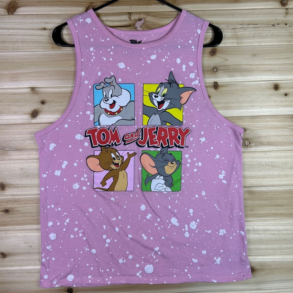 Tom and Jerry Tank Top Womens Large Pink Splatter Sleeveless Shirt